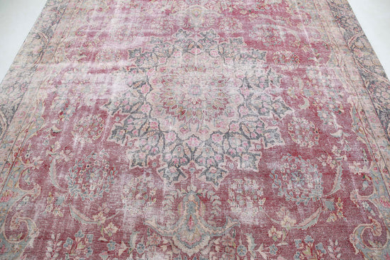 Persian Hand Knotted Vintage Kerman Wool Rug of Size 8'5'' X 11'2'' in Burgundy and Blue Colors - Made in Iran