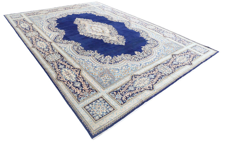 Persian Hand Knotted Kerman Kerman Wool Rug of Size 9'7'' X 13'6'' in Blue and Blue Colors - Made in Iran