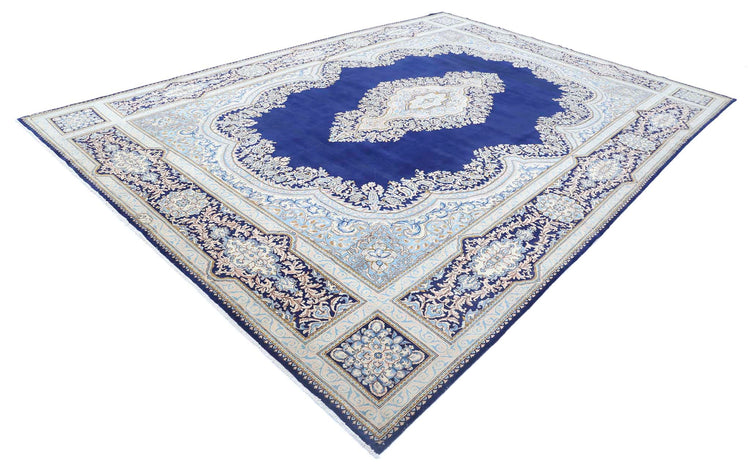 Persian Hand Knotted Kerman Kerman Wool Rug of Size 9'7'' X 13'6'' in Blue and Blue Colors - Made in Iran