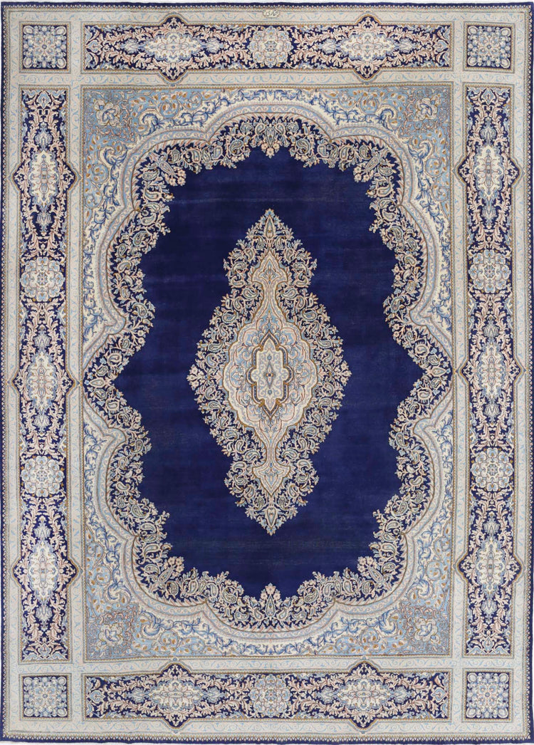 Persian Hand Knotted Kerman Kerman Wool Rug of Size 9'7'' X 13'6'' in Blue and Blue Colors - Made in Iran