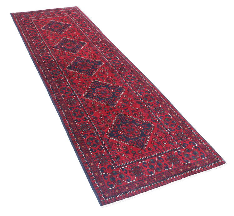 Tribal Hand Knotted Afghan Khamyab Wool Rug of Size 2'8'' X 9'3'' in Red and Black Colors - Made in Afghanistan