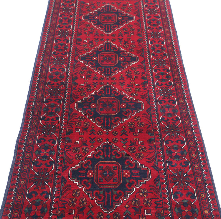 Tribal Hand Knotted Afghan Khamyab Wool Rug of Size 2'8'' X 9'3'' in Red and Black Colors - Made in Afghanistan