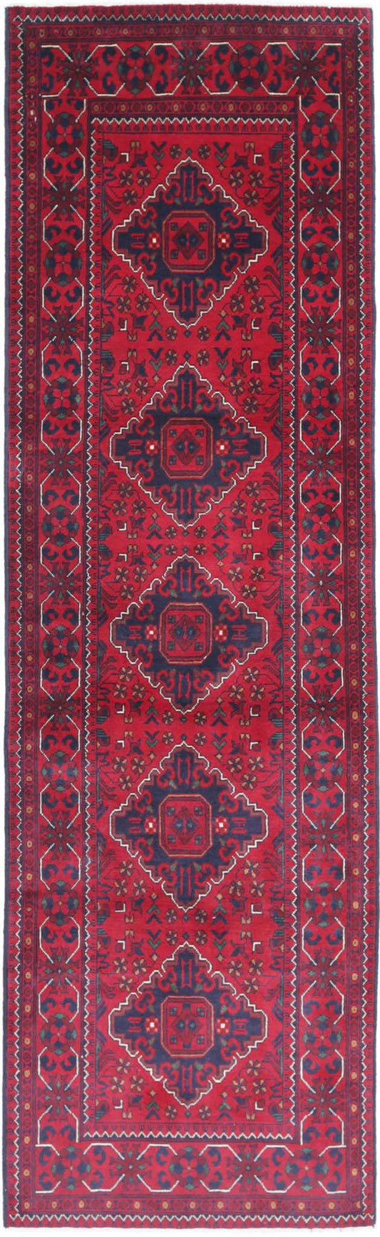 Tribal Hand Knotted Afghan Khamyab Wool Rug of Size 2'8'' X 9'3'' in Red and Black Colors - Made in Afghanistan