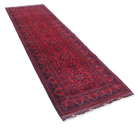 Tribal Hand Knotted Afghan Khamyab Wool Rug of Size 3'0'' X 9'10'' in Red and Red Colors - Made in Afghanistan