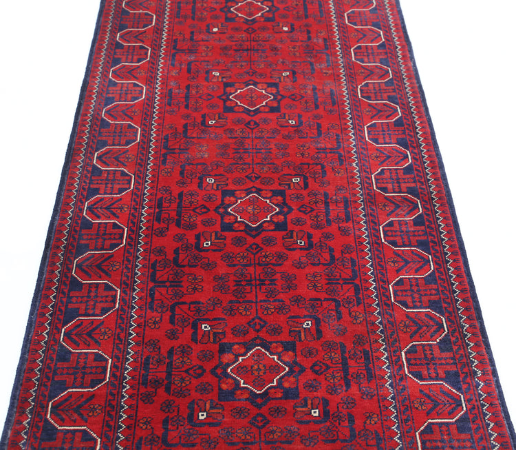 Tribal Hand Knotted Afghan Khamyab Wool Rug of Size 2'8'' X 9'4'' in Red and Red Colors - Made in Afghanistan