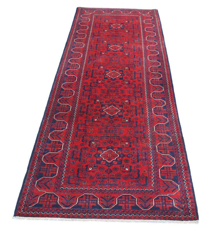 Tribal Hand Knotted Afghan Khamyab Wool Rug of Size 2'8'' X 9'4'' in Red and Red Colors - Made in Afghanistan
