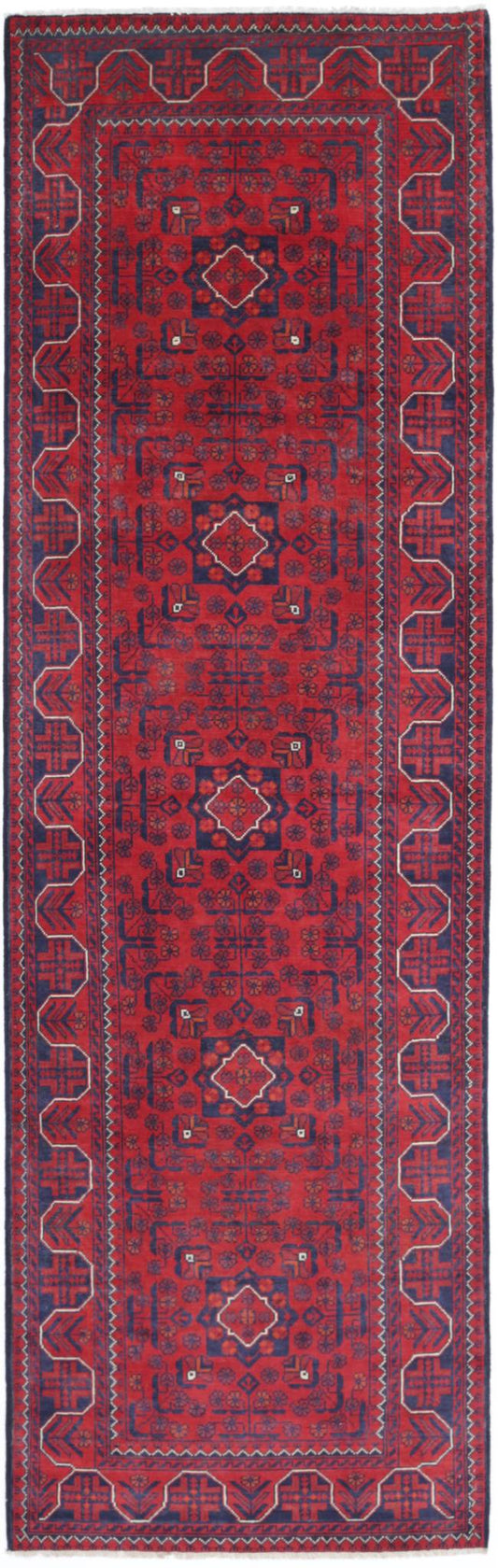 Tribal Hand Knotted Afghan Khamyab Wool Rug of Size 2'8'' X 9'4'' in Red and Red Colors - Made in Afghanistan