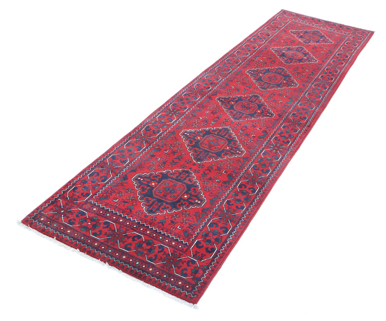 Tribal Hand Knotted Afghan Khamyab Wool Rug of Size 2'6'' X 9'0'' in Red and Red Colors - Made in Afghanistan