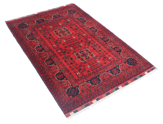 Tribal Hand Knotted Afghan Khamyab Wool Rug of Size 3'4'' X 4'9'' in Red and Red Colors - Made in Afghanistan