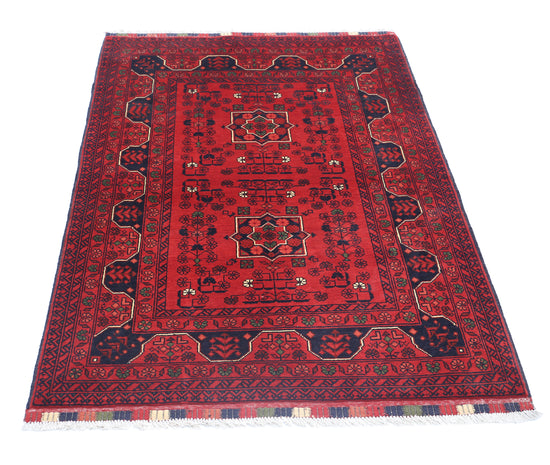 Tribal Hand Knotted Afghan Khamyab Wool Rug of Size 3'4'' X 4'9'' in Red and Red Colors - Made in Afghanistan