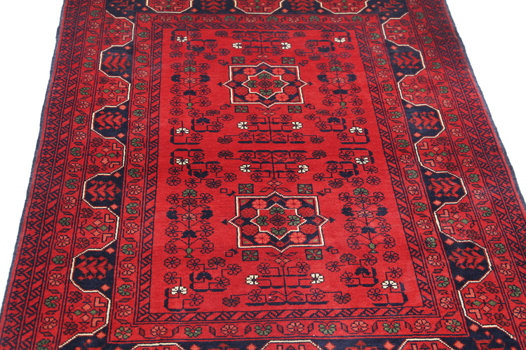 Tribal Hand Knotted Afghan Khamyab Wool Rug of Size 3'4'' X 4'9'' in Red and Red Colors - Made in Afghanistan