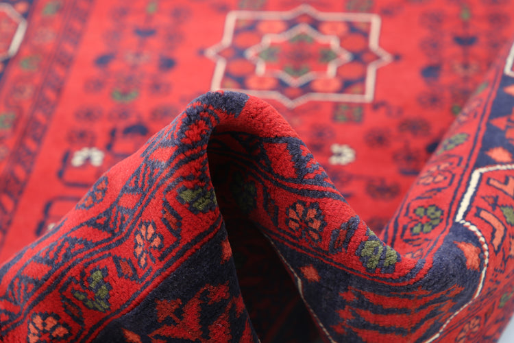 Tribal Hand Knotted Afghan Khamyab Wool Rug of Size 3'4'' X 4'9'' in Red and Red Colors - Made in Afghanistan