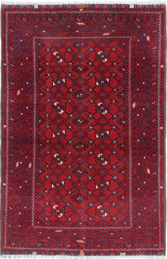 Tribal Hand Knotted Afghan Khamyab Wool Rug of Size 3'1'' X 4'9'' in Red and Red Colors - Made in Afghanistan