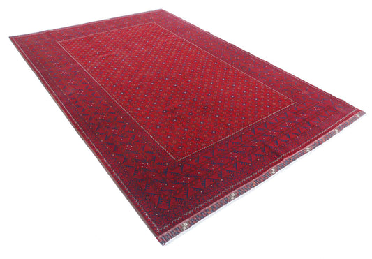 Tribal Hand Knotted Afghan Khamyab Wool Rug of Size 6'4'' X 9'5'' in Red and Red Colors - Made in Afghanistan