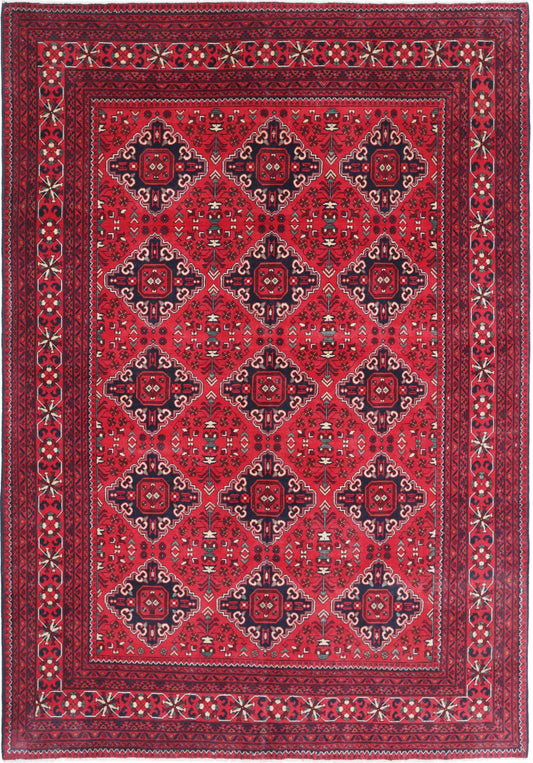 Tribal Hand Knotted Afghan Khamyab Wool Rug of Size 6'6'' X 9'6'' in Red and Red Colors - Made in Afghanistan