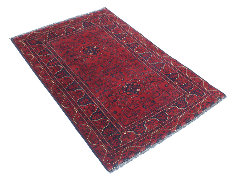 Tribal Hand Knotted Afghan Khamyab Wool Rug of Size 3'2'' X 4'8'' in Red and Blue Colors - Made in Afghanistan
