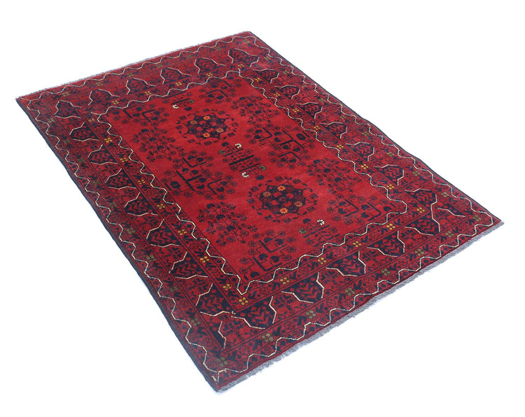 Tribal Hand Knotted Afghan Khamyab Wool Rug of Size 3'5'' X 4'7'' in Red and Blue Colors - Made in Afghanistan