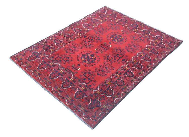 Tribal Hand Knotted Afghan Khamyab Wool Rug of Size 3'5'' X 4'7'' in Red and Blue Colors - Made in Afghanistan