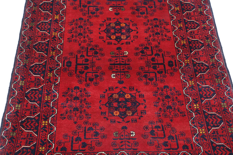 Tribal Hand Knotted Afghan Khamyab Wool Rug of Size 3'5'' X 4'7'' in Red and Blue Colors - Made in Afghanistan