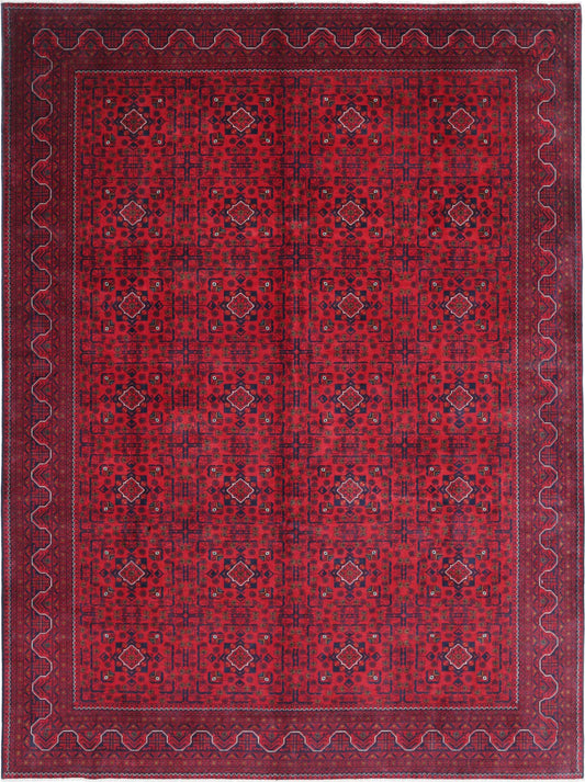 Tribal Hand Knotted Afghan Khamyab Wool Rug of Size 8'4'' X 11'3'' in Red and Blue Colors - Made in Afghanistan