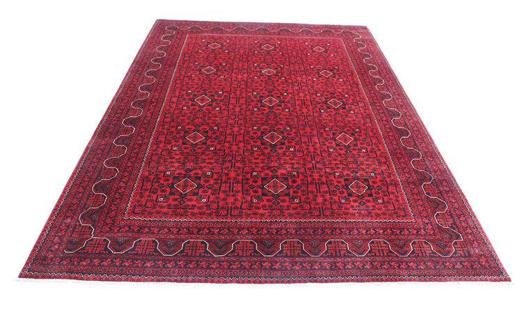 Tribal Hand Knotted Afghan Khamyab Wool Rug of Size 6'6'' X 9'5'' in Red and Blue Colors - Made in Afghanistan