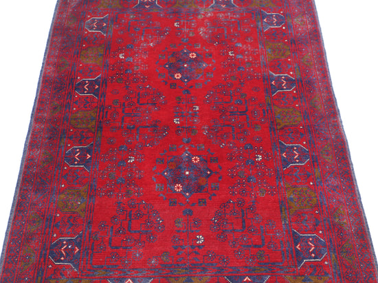 Tribal Hand Knotted Afghan Khamyab Wool Rug of Size 3'3'' X 4'11'' in Red and Blue Colors - Made in Afghanistan