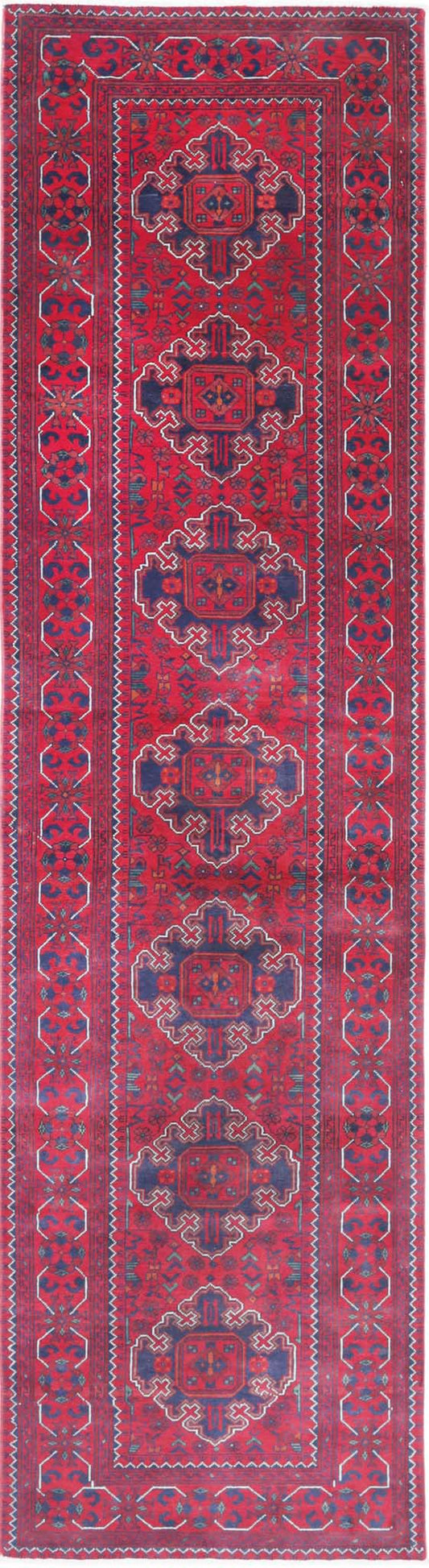 Tribal Hand Knotted Afghan Khamyab Wool Rug of Size 2'6'' X 10'0'' in Red and Blue Colors - Made in Afghanistan