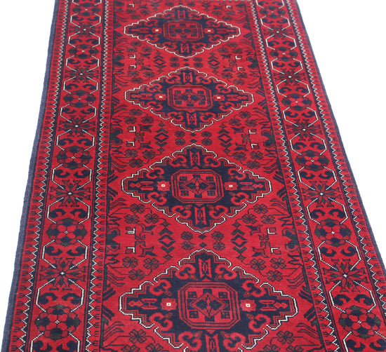 Tribal Hand Knotted Afghan Khamyab Wool Rug of Size 2'8'' X 6'8'' in Red and Blue Colors - Made in Afghanistan