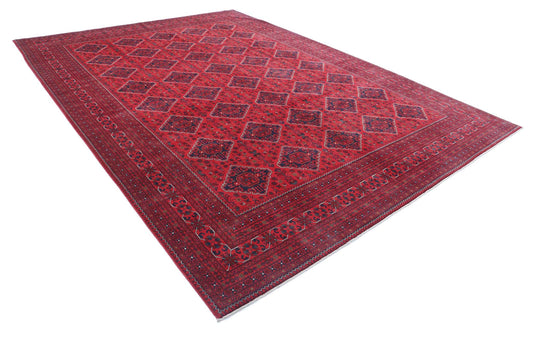 Tribal Hand Knotted Afghan Khamyab Wool Rug of Size 9'9'' X 13'3'' in Red and Black Colors - Made in Afghanistan