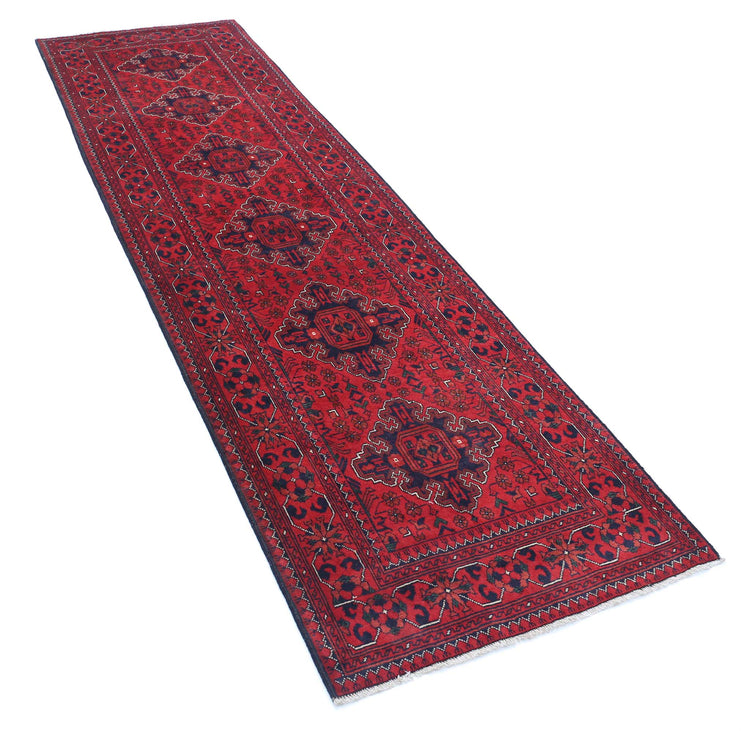 Tribal Hand Knotted Afghan Khamyab Wool Rug of Size 2'8'' X 9'7'' in Red and Black Colors - Made in Afghanistan