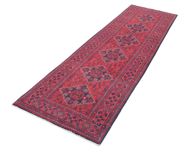 Tribal Hand Knotted Afghan Khamyab Wool Rug of Size 2'8'' X 9'7'' in Red and Black Colors - Made in Afghanistan