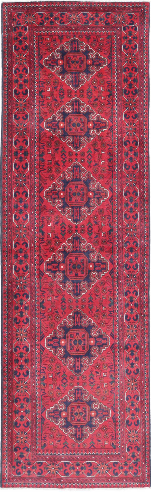Tribal Hand Knotted Afghan Khamyab Wool Rug of Size 2'8'' X 9'7'' in Red and Black Colors - Made in Afghanistan