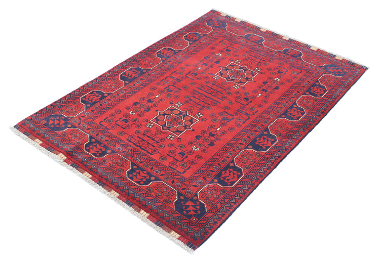 Tribal Hand Knotted Afghan Khamyab Wool Rug of Size 3'4'' X 4'8'' in Red and Blue Colors - Made in Afghanistan