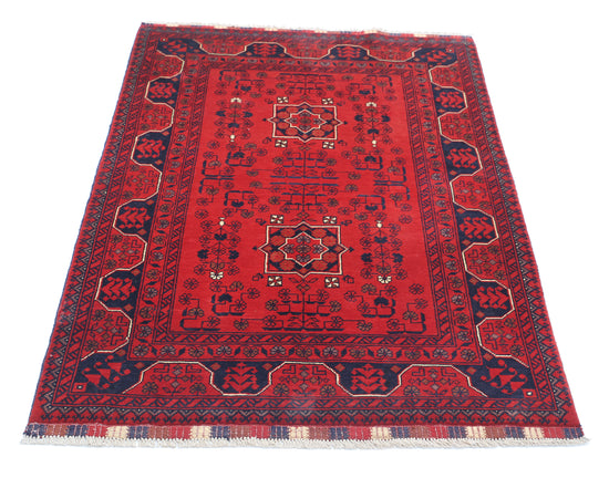 Tribal Hand Knotted Afghan Khamyab Wool Rug of Size 3'4'' X 4'8'' in Red and Blue Colors - Made in Afghanistan
