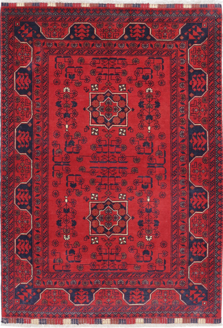Tribal Hand Knotted Afghan Khamyab Wool Rug of Size 3'4'' X 4'8'' in Red and Blue Colors - Made in Afghanistan
