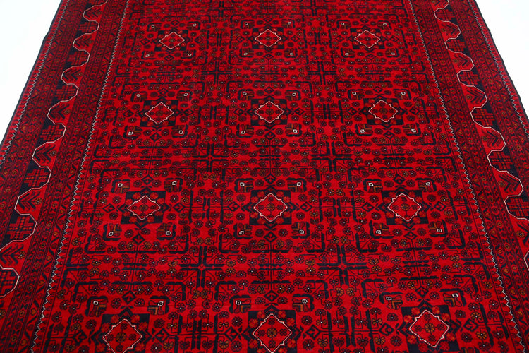Tribal Hand Knotted Afghan Khamyab Wool Rug of Size 6'5'' X 9'0'' in Red and Red Colors - Made in Afghanistan