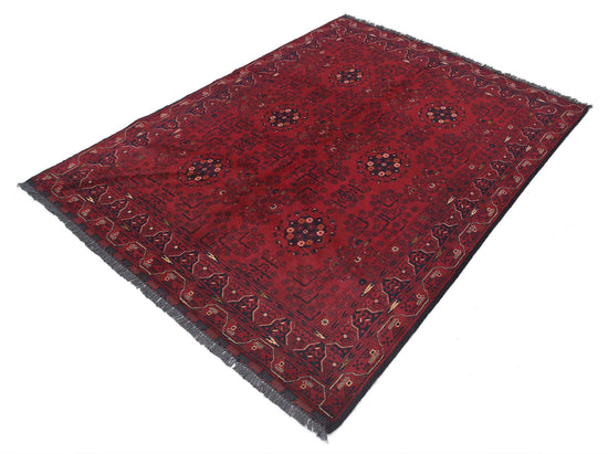 Tribal Hand Knotted Afghan Khamyab Wool Rug of Size 4'9'' X 6'5'' in Red and Red Colors - Made in Afghanistan