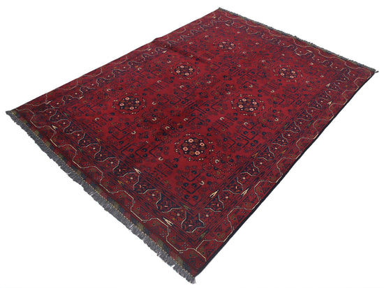 Tribal Hand Knotted Afghan Khamyab Wool Rug of Size 4'9'' X 6'4'' in Red and Red Colors - Made in Afghanistan