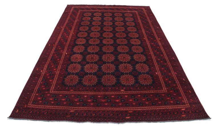 Tribal Hand Knotted Afghan Khamyab Wool Rug of Size 6'5'' X 9'6'' in Red and Blue Colors - Made in Afghanistan