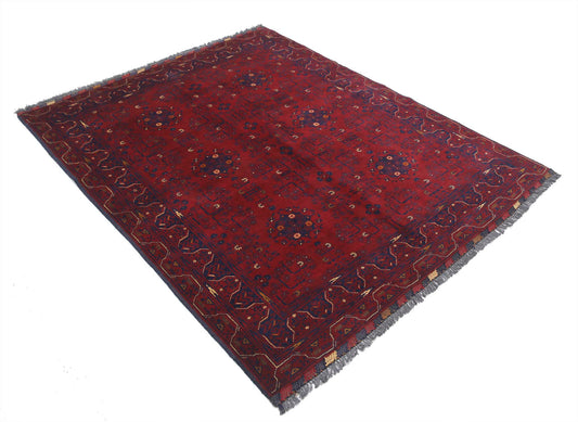 Tribal Hand Knotted Afghan Khamyab Wool Rug of Size 4'11'' X 6'4'' in Red and Red Colors - Made in Afghanistan