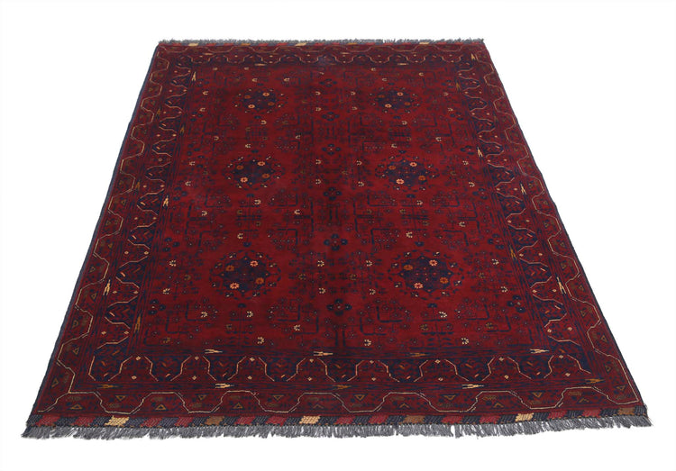 Tribal Hand Knotted Afghan Khamyab Wool Rug of Size 4'11'' X 6'4'' in Red and Red Colors - Made in Afghanistan