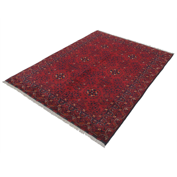 Tribal Hand Knotted Afghan Khamyab Wool Rug of Size 4'10'' X 6'6'' in Red and Red Colors - Made in Afghanistan