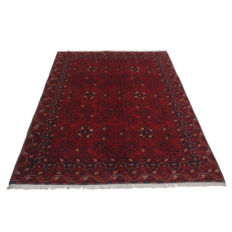 Tribal Hand Knotted Afghan Khamyab Wool Rug of Size 4'10'' X 6'6'' in Red and Red Colors - Made in Afghanistan
