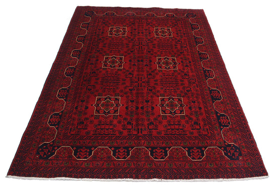 Tribal Hand Knotted Afghan Khamyab Wool Rug of Size 4'9'' X 6'6'' in Red and Red Colors - Made in Afghanistan