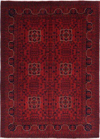 Tribal Hand Knotted Afghan Khamyab Wool Rug of Size 4'9'' X 6'6'' in Red and Red Colors - Made in Afghanistan