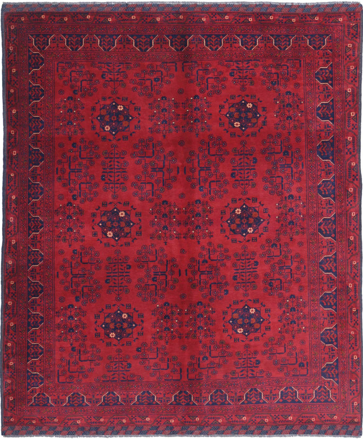 Tribal Hand Knotted Afghan Khamyab Wool Rug of Size 5'4'' X 6'5'' in Red and Red Colors - Made in Afghanistan