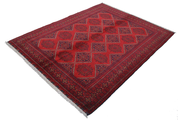 Tribal Hand Knotted Afghan Khamyab Wool Rug of Size 5'0'' X 6'7'' in Red and Red Colors - Made in Afghanistan