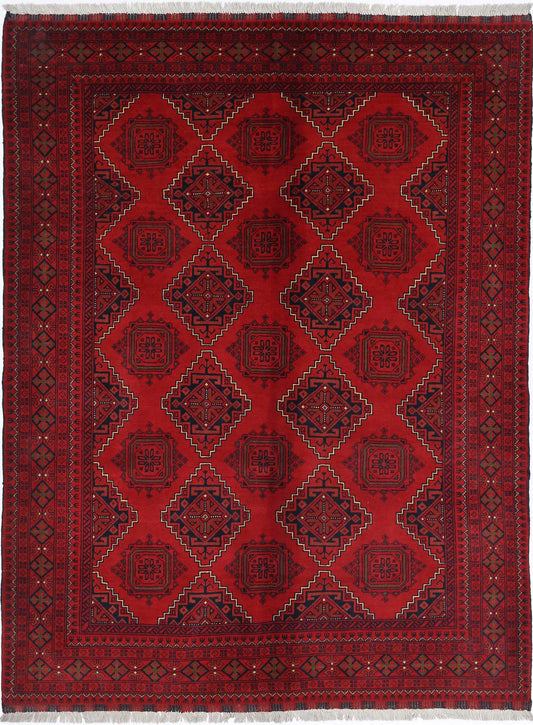 Tribal Hand Knotted Afghan Khamyab Wool Rug of Size 5'0'' X 6'7'' in Red and Red Colors - Made in Afghanistan