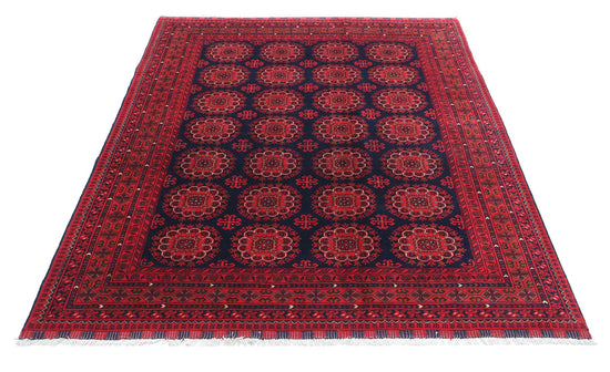 Tribal Hand Knotted Afghan Khamyab Wool Rug of Size 5'0'' X 6'3'' in Red and Blue Colors - Made in Afghanistan