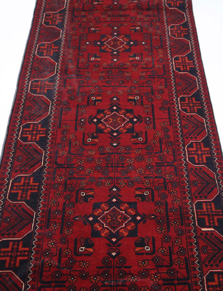 Tribal Hand Knotted Afghan Khamyab Wool Rug of Size 2'6'' X 18'7'' in Red and Red Colors - Made in Afghanistan